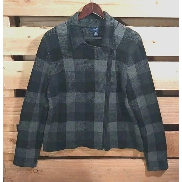 Chaps Jackets & Blazers - Chaps Ralph Lauren Womens XL Side Zip Sweater Jacket Plaid Gray Black Cozy Chic
